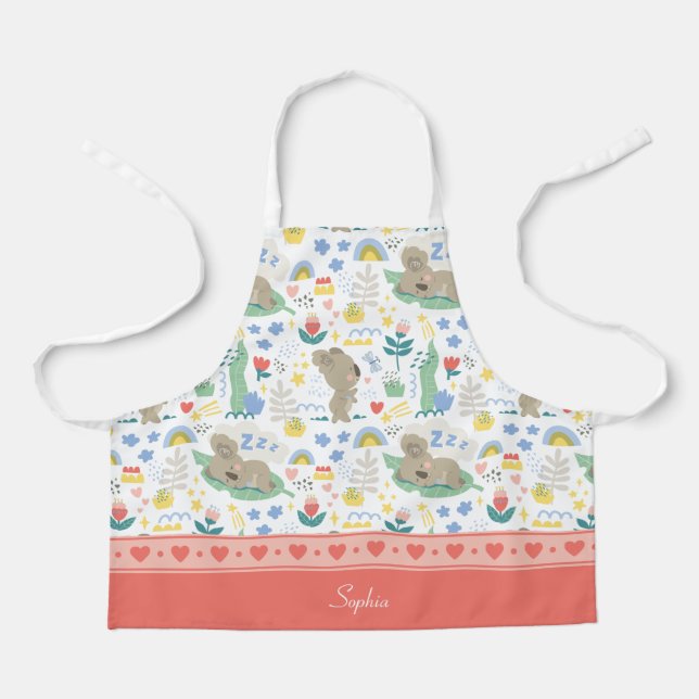 Tablier Cute Koala Motif avec nom de fille rose (Recto)