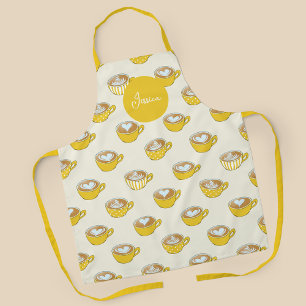 Tablier Cute Latte Art en Motif de tasses de café jaune