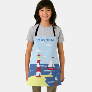 Tablier Cute Lighthouse and Boat Seaside Art personnalisé