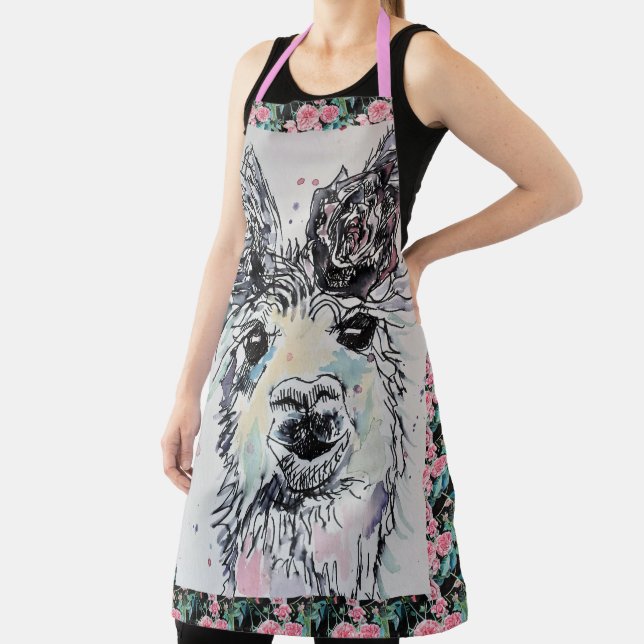 Tablier Cute Llama Aquarelle Peinture Animal Rose Apron (Insitu)