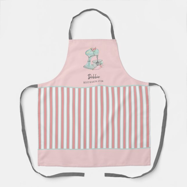 Tablier Cute mélangeur de gâteau rose et blanc rayures bou (Recto)