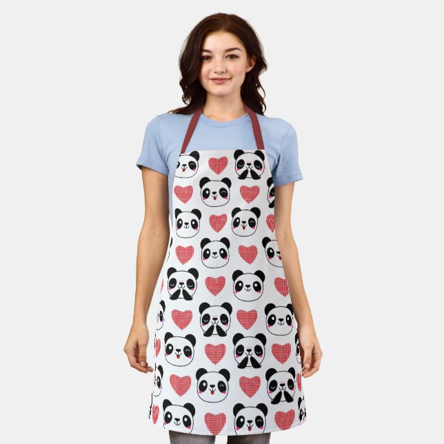 Tablier Cute Panda Emoji Noir Blanc Coeurs d'ours Motif (Porté)