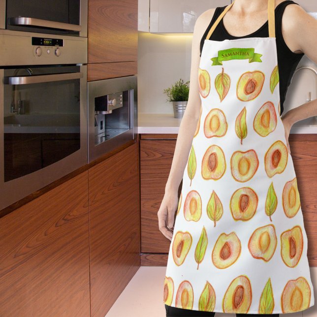 Tablier Cute Peach Halles Feuilles verts Design Nom person (Créateur téléchargé)