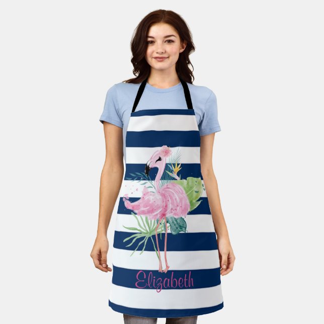 Tablier Cute Pink Flamingos Tropical Leaf, Striped (Porté)