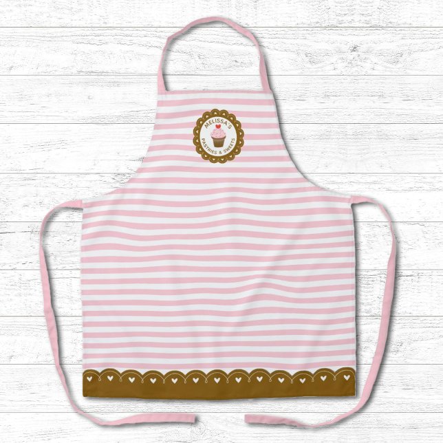 Tablier Cute Pink Strike Baking (A cute pink and white striped bakery apron decorated with a cupcake. Personalize it with your name!)