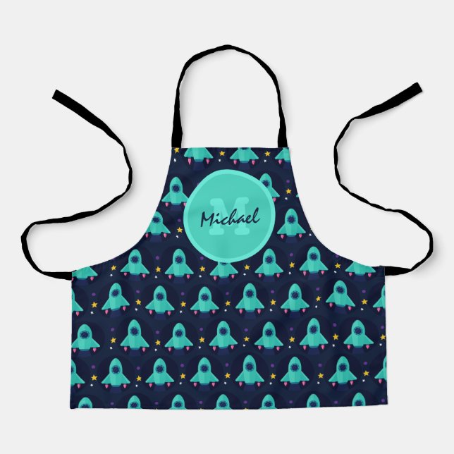 Tablier Cute Rocket Stars Vaisseau Enfants Garçon Monogram (Recto)