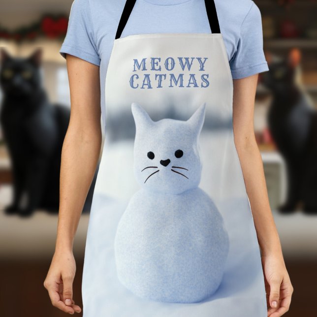 Tablier Cute Snow Cat Meowy Catmas Christmas Kitchen Apron (Meowy Catmas! A fun and festive apron to wear through the holiday season)