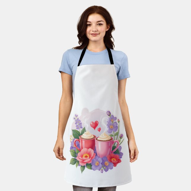 Tablier Cute Valentine Cocoa Mugs with Flowers & Hearts (Porté)