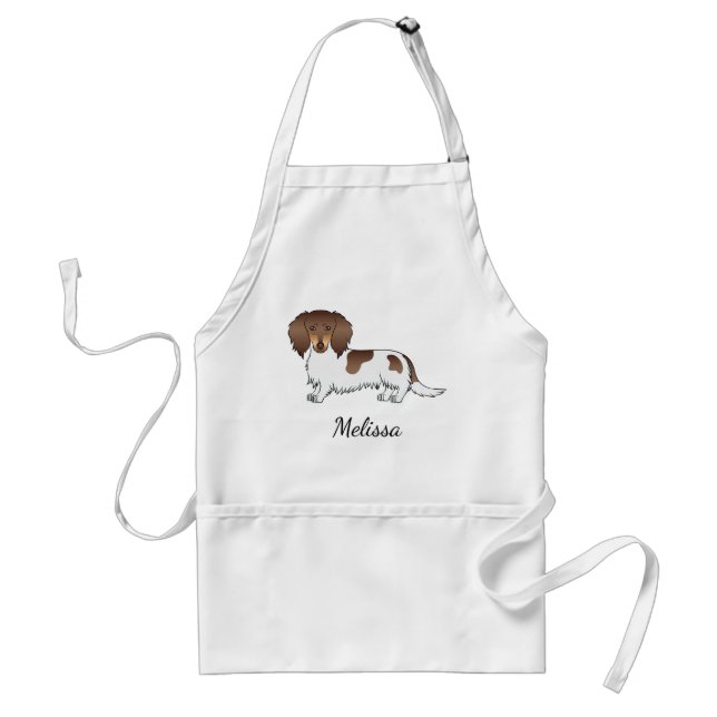 Tablier Dachshund à poil long piebalde chocolat et feu & N (Devant)