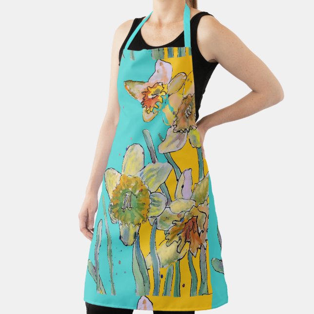 Tablier Daffodique Aquarelle Fleur Turquoise floral Apron (Insitu)