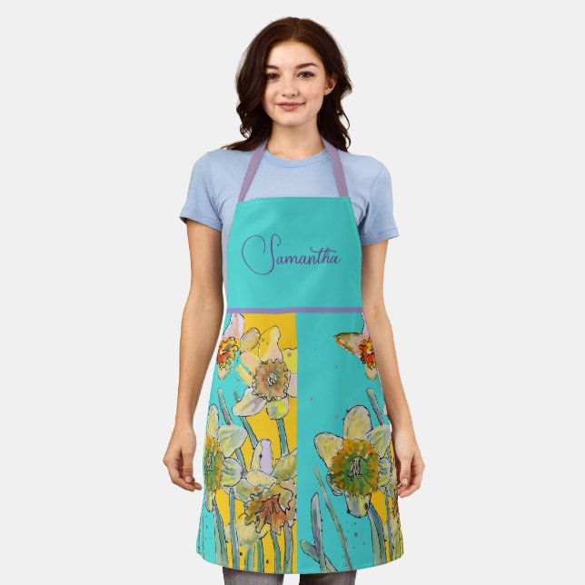 Tablier Daffodique Floral Jaune Turquoise Motif (Porté)