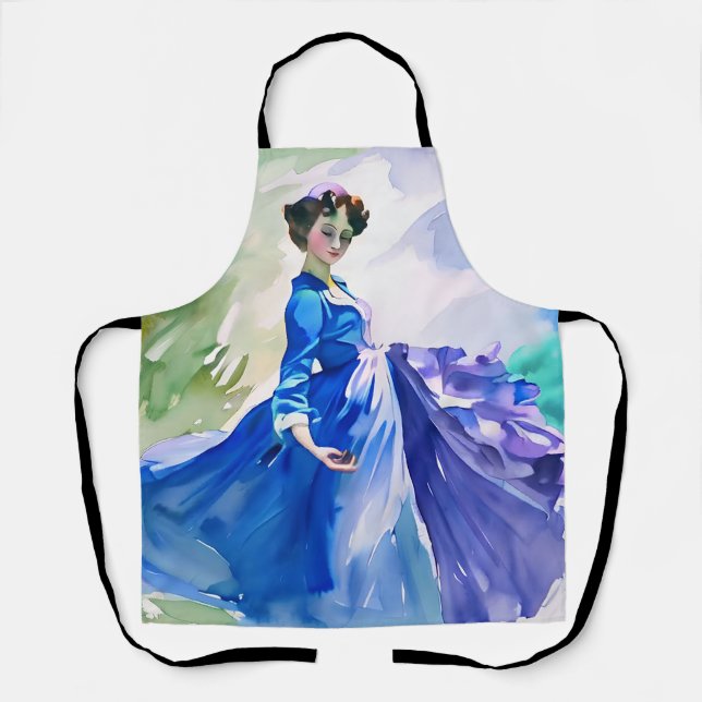 Tablier Dame en Robe Bleue - Peinture aquarelle (Recto)