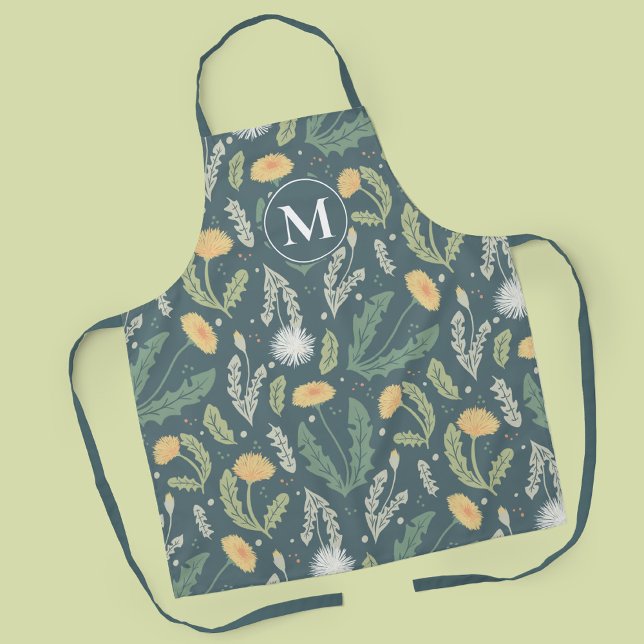 Tablier Dandelion Floral Weed Motif (Dandelion Pattern Apron with Custom Monogram)