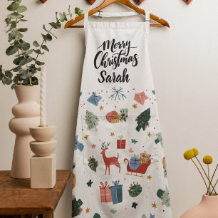 Tablier de cuisine motif Joyeux Noël aquarelle