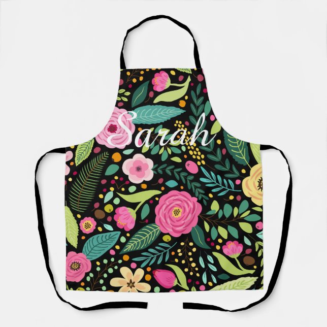 Tablier de cuisine noir et floral personnalisable (Recto)