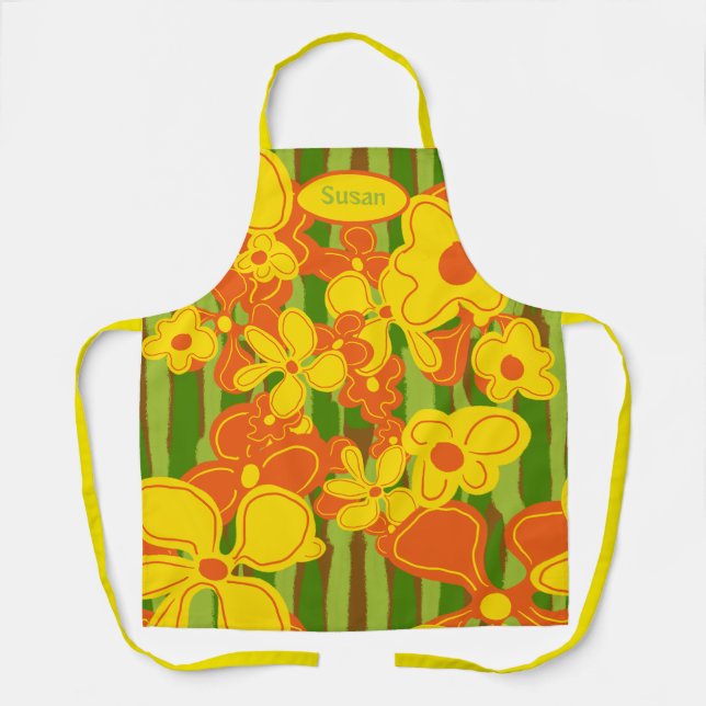 Tablier de fleurs orange jaune des années 1970 (Recto)