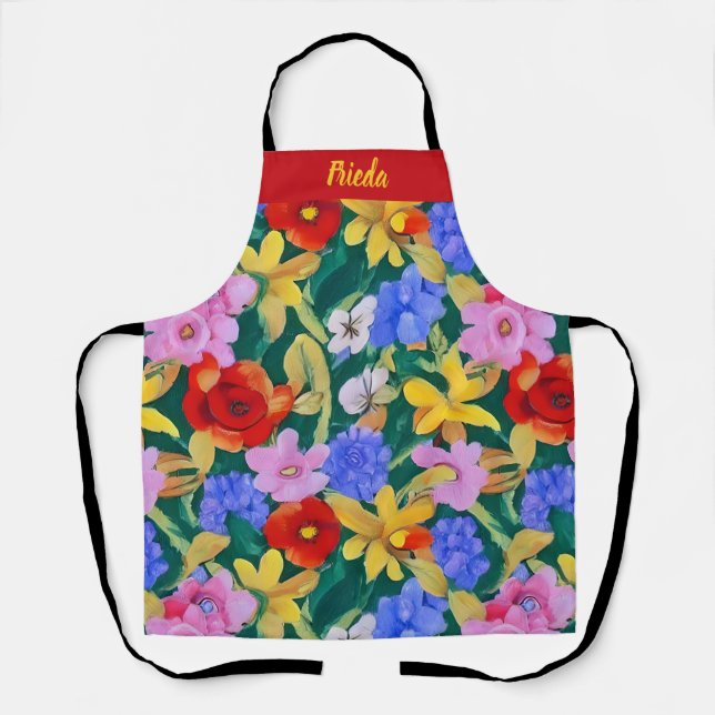 Tablier de fleurs peintes Frida Kahlo customisé (Recto)