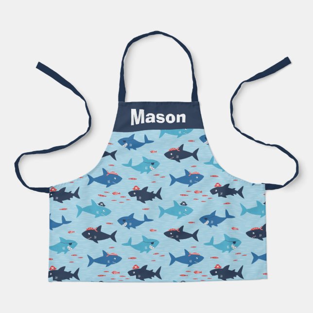 Tablier De mignons requins drôles avec des casquettes pira (Recto)