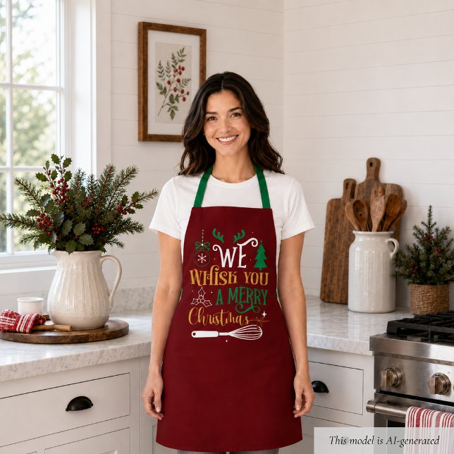 Tablier de Noël drôle (cute funny festive burgundy red we whisk you a merry christmas apron for chef baker mom)
