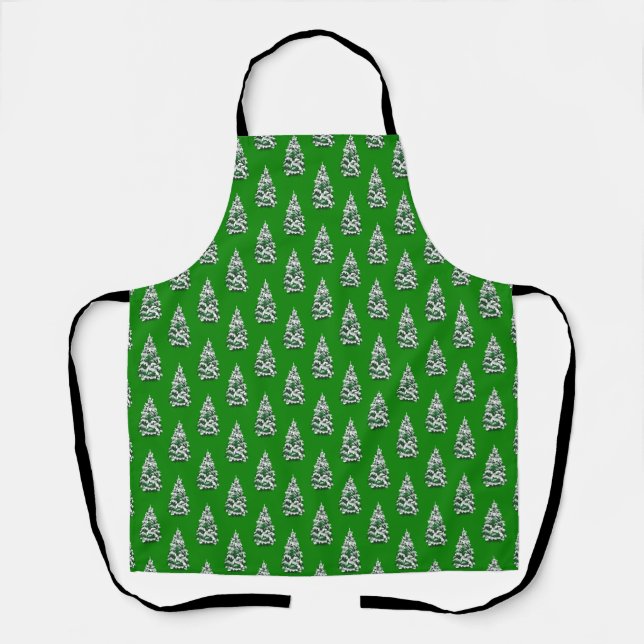 Tablier Des arbres de Noël enneigés en Motif vert (Recto)