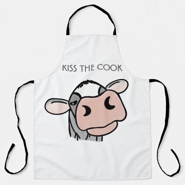 Tablier dessin animé vache noir blanc rose baiser gris ani (Recto)