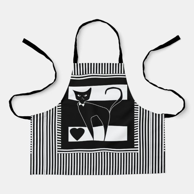 Tablier Dessin de chat animal élégant noir blanc moderne s (Recto)