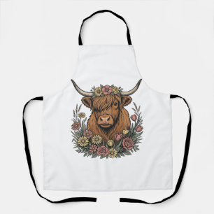 Tablier Dessin de gravure vintage de vache highland floral