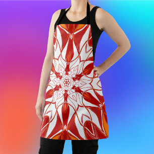Tablier Dessin Mandala Fleur rouge orange et blanc