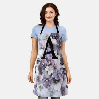 Tablier Dessin vintage de pensées violettes roses blanches