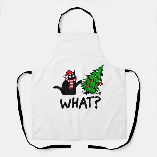 Tablier Drôle cadeau de chat noir Poussant l'arbre de Noël (Recto)