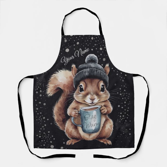 Tablier Écureuil avec tasse et neige "Stay Warm" (Recto)