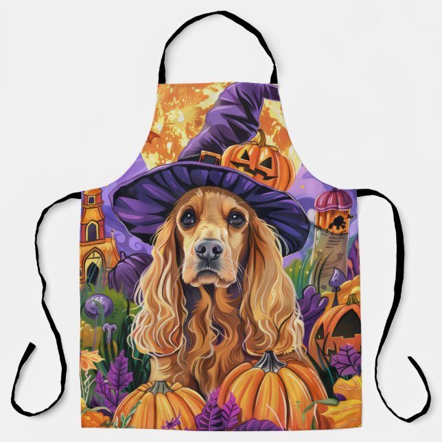 Tablier Éffrayant Cocker Spaniel Dog Halloween Witch Citro (Recto)