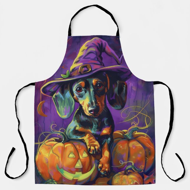 Tablier Éffrayant Dachshund Chien Halloween sorcière et Ci (Recto)