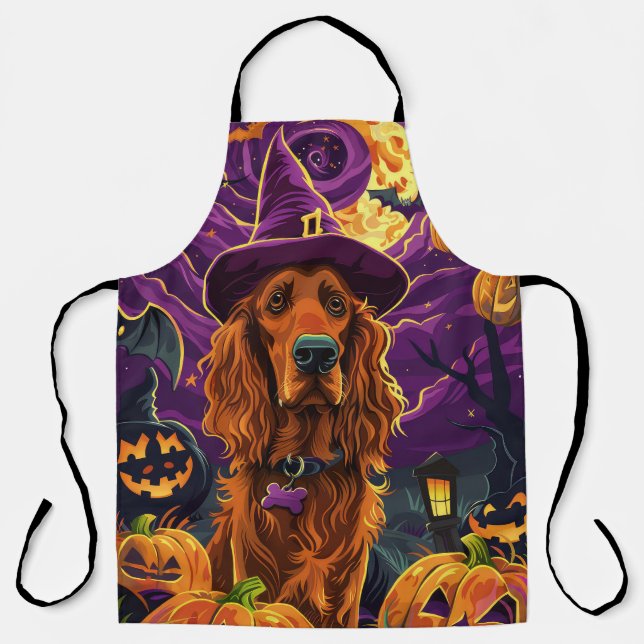Tablier Éffrayant Irish Red Setter Citrouille de sorcière  (Recto)