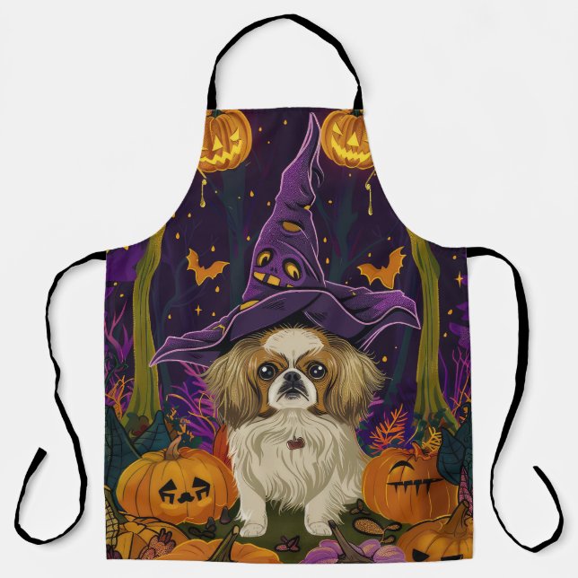 Tablier Éffrayant Pekingese Chien Halloween sorcière et Ci (Recto)