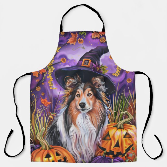 Tablier Éffrayant Shetland Sheepdog Citrouille de sorcière (Recto)