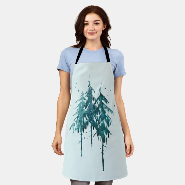 Tablier Élégant Aquarelle bleu-vert simple Pins (Porté)