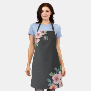 Tablier Élégant aquarelle rose monogramme floral