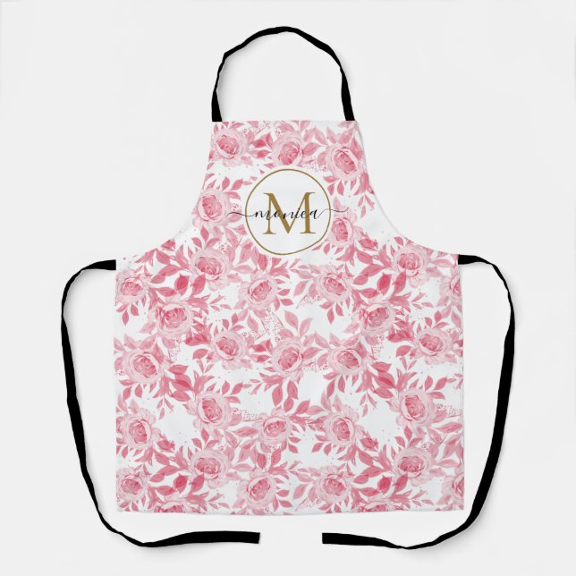 Tablier Elégant Aquarelle rose pâle Floral Or Monogramme (Recto)