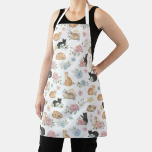 Tablier élégant avec impression de chat et fleurs