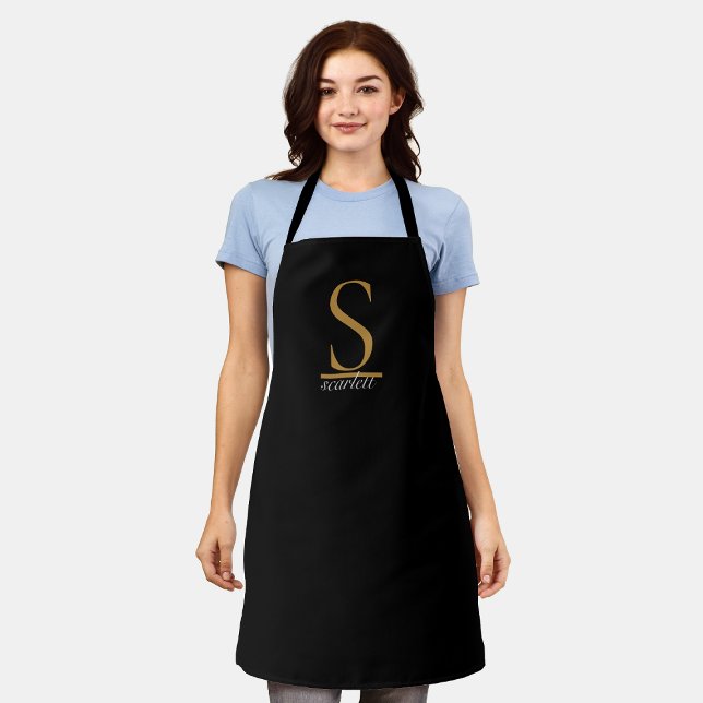 Tablier Elegant Black Gold Monogram Girly Feminine Script  (Créateur téléchargé)