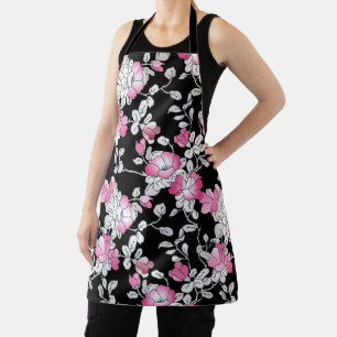 Tablier Élégant blanc rose blanc rose noir motif floral