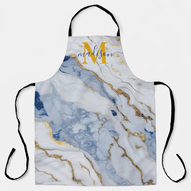 Tablier Elégant bleu blanc maïs doré marbre granit (Recto)