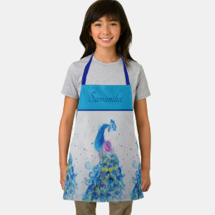 Tablier Elégant bleu Peacock Aquarelle Art Girls Apron