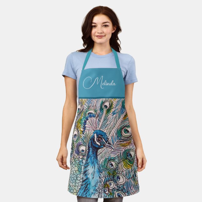 Tablier Elégant bleu Peacock Aquarelle Art Kids Apron (Porté)