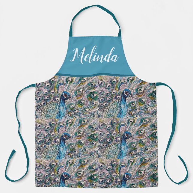 Tablier Elégant bleu Peacock Aquarelle Art Womans Apron (Recto)