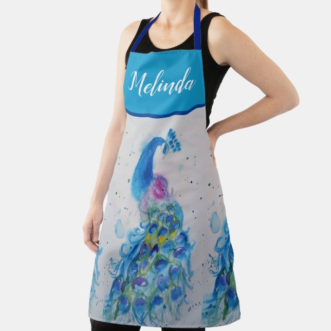 Tablier Elégant bleu Peacock Aquarelle Art Womans Apron (Insitu)