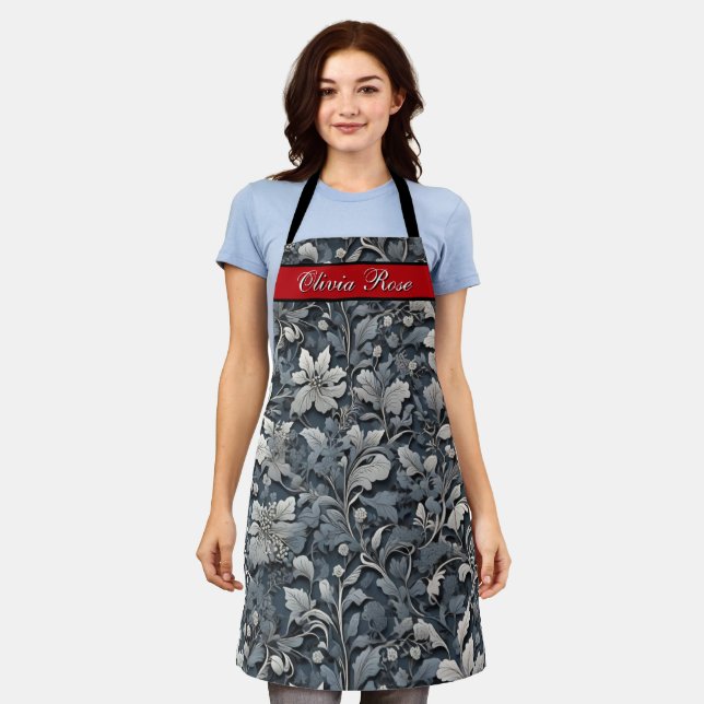 Tablier Elégant bleu poussiéreux argent blanc gris gris fl (Porté)