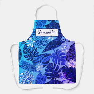 Tablier Elégant bleu tropical feuilles fleurs nom personna