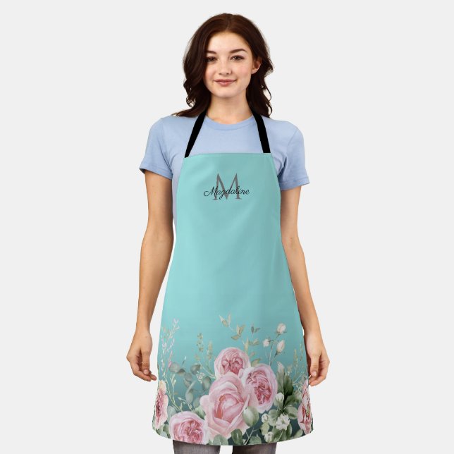 Tablier Élégant Botanique Turquoise Nom du script Monogram (Porté)